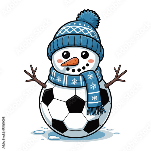 Cute snowman made from a soccer ball wearing a winter hat and scarf with stick arms
