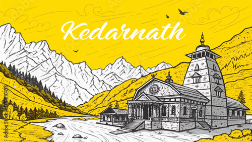 Kedarnath Temple Landscape in Uttarakhand Himalayas for Indian Tourism and Travel Posters
