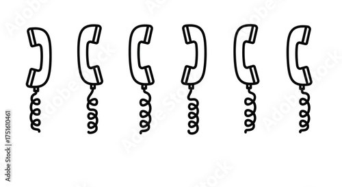 Row of vintage telephone receivers with coiled cords in a simple line
