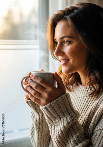Cozy Winter Morning. Woman Drinking Herbal Tea by Frosted Window.