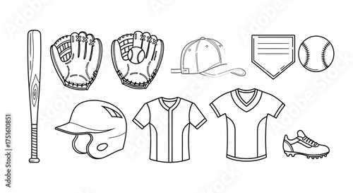 Baseball equipment and uniforms hand drawn sketch collection