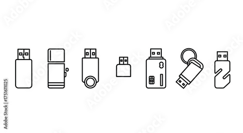 Collection of simple line art icons representing various usb flash drives