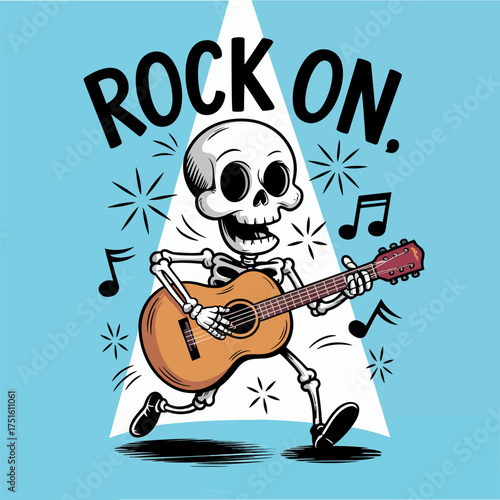 skeleton guitarist mascot, rock music theme, playing acoustic guitar, energetic pose, spooky fun vibe, concert poster, vector illustration