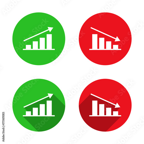 Business bar graph icon with upward and downward arrow. Trend analysis symbol with long shadow