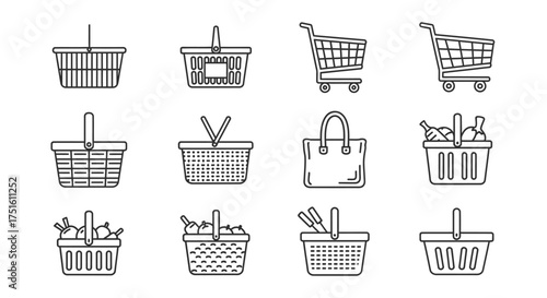 Collection of hand drawn shopping baskets and carts icons