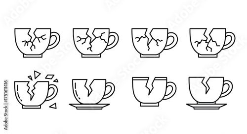 Collection of cracked and broken coffee cups and mugs