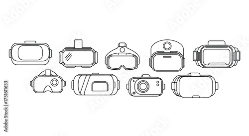 Collection of hand drawn virtual reality headsets and goggles in outline style