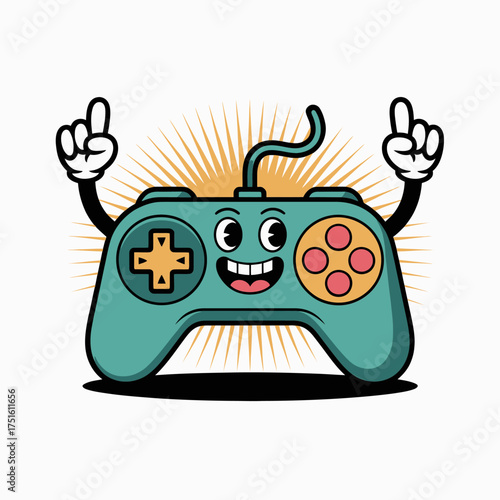game controller mascot, raised hands celebration, retro console style, buttons, gaming lifestyle design, youth culture poster, vector illustration
