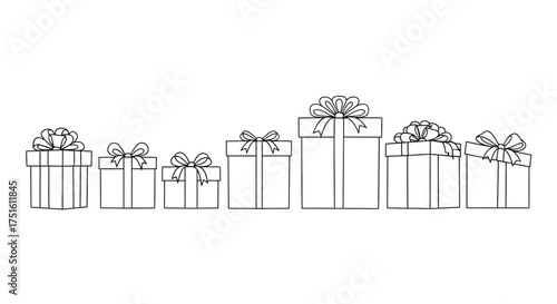 Minimalist line art illustration of assorted gift boxes with ribbons