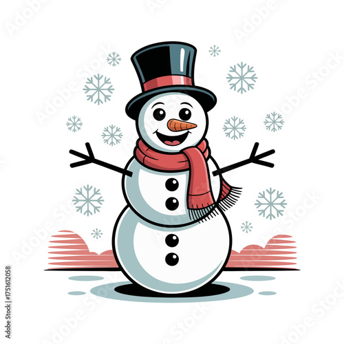 smiling snowman with hat, striped scarf, snowy ground, classic winter icon, happy seasonal character, friendly holiday, vector illustration
