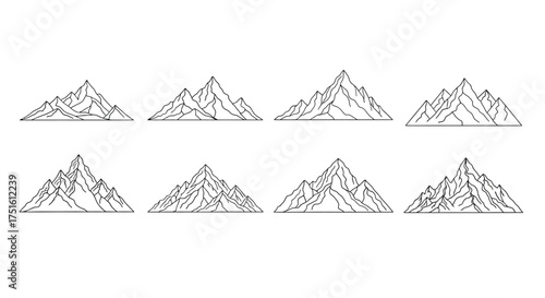 Collection of stylized hand drawn mountain peaks in outline