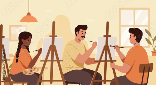 Group of People Painting on Canvases in Art Class