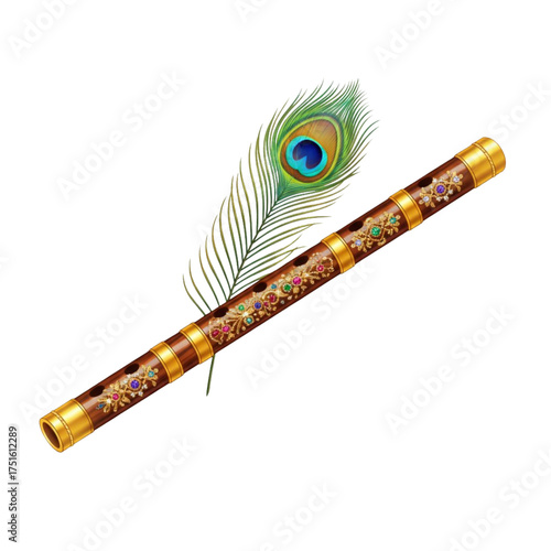 Jeweled Flute with Peacock Feather Illustration