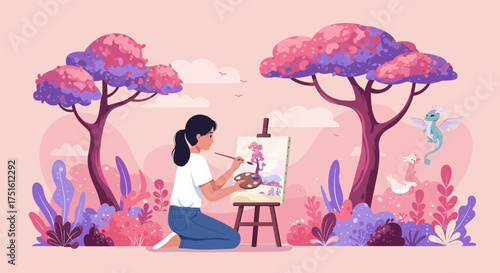 Woman Painting a Pink Landscape on Canvas with Dragons