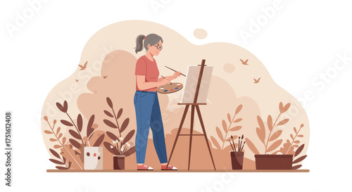 Woman Painting on Canvas with Easel and Palette