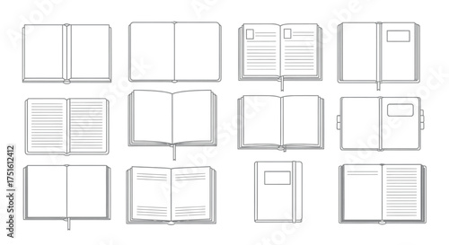 Collection of open and closed notebooks and journals in a grid layout