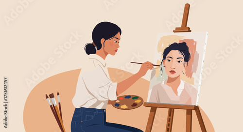 Young Woman Painting a Portrait on Canvas with Easel, Brushes, and Palette