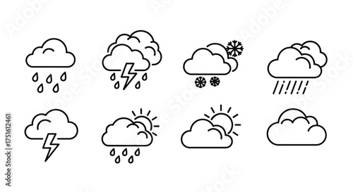 Collection of hand drawn weather icons representing different atmospheric conditions