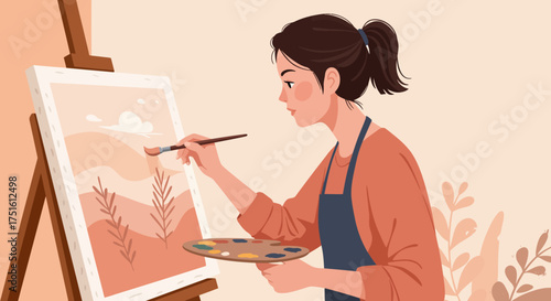 Young Woman Painting a Landscape on Canvas with Brush and Palette