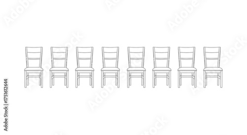 Row of classic wooden dining chairs in a simple line drawing