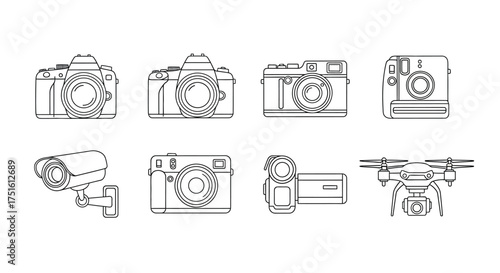 Collection of hand drawn icons representing photography and surveillance technology