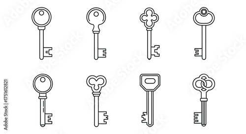 Collection of eight antique and vintage skeleton keys in a line drawing style