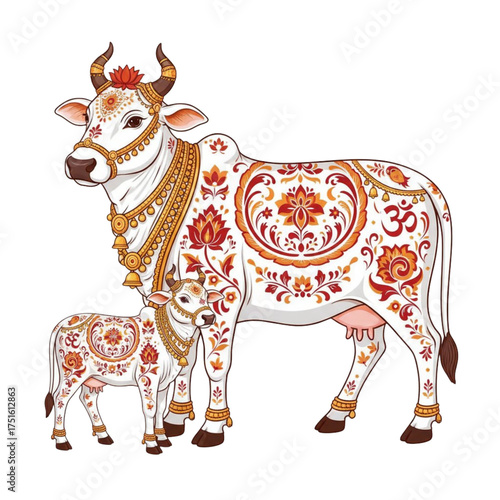 Cow & Calf (Kamadhenu) Element — highly detailed stylized vector of divine cow with ornaments, floral patterns, sacred motifs