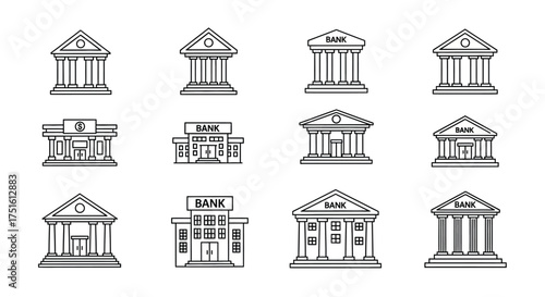 Collection of stylized bank building icons in a grid layout