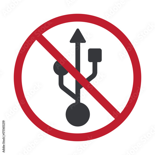 Isolated prohibition USB port sign, symbol warning to not use flash drive or connect unauthorized devices to computer system.