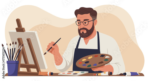 Bearded Artist Painting on Canvas with Palette and Brushes
