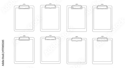Collection of eight blank clipboards in a clean line art illustration
