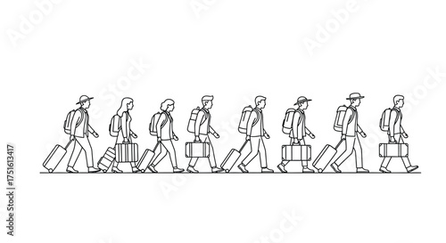Sketch of people walking in a line with luggage
