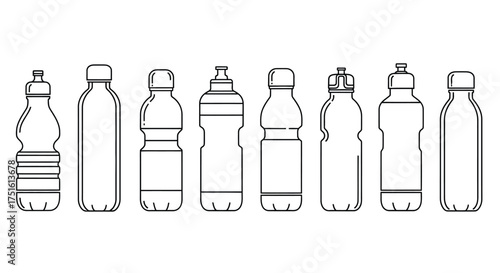 Collection of outline drawings of various plastic beverage bottles