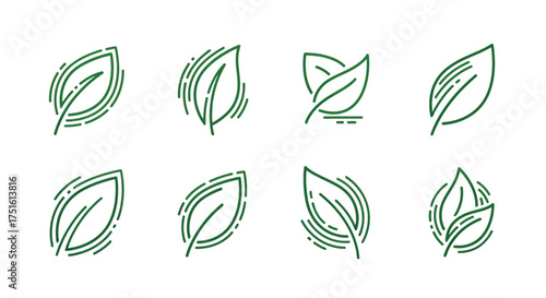 Set of eight stylized green leaf icons with abstract line art texture