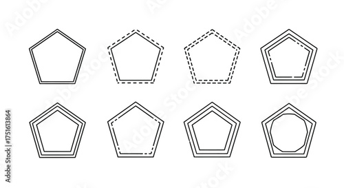 Set of eight hand drawn pentagon shaped frames with dashed lines