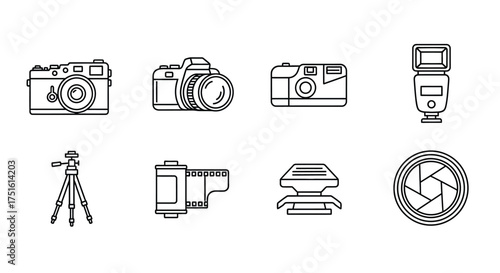Collection of vintage and modern photography equipment line art icons