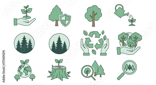 A collection of 12 green icons representing various aspects of environmental protection and nature conservation.