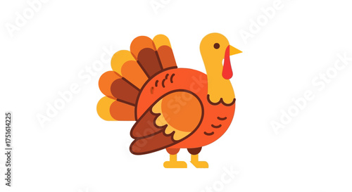 A colorful illustration of a cartoon turkey with orange, yellow, and brown feathers, standing upright.