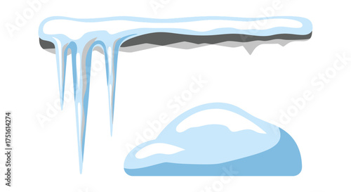 Illustration of a snow-covered roof with icicles hanging down and a small snowdrift on the ground.