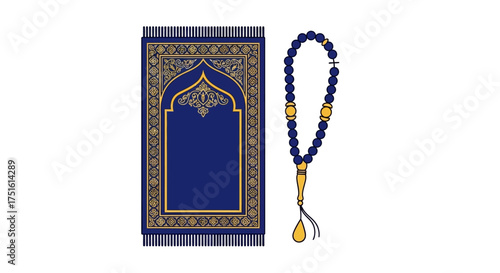 A blue Islamic prayer rug with intricate gold patterns and a blue tasbih with gold accents, symbolizing religious devotion and practice.
