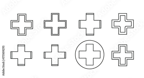 Eight stylized plus signs or crosses with one highlighted in an oval