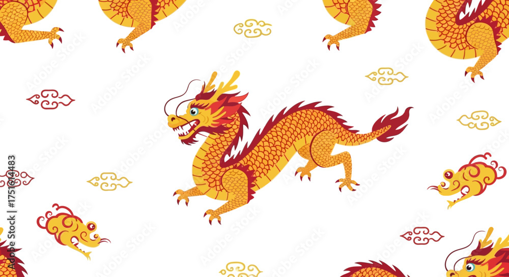 Fototapeta premium Seamless pattern featuring traditional golden Chinese dragons and stylized clouds on a white background.