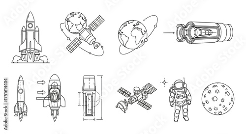 Collection of hand drawn sketches of spacecraft and astronauts in space exploration