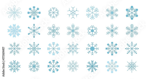 A collection of various intricate blue and white snowflake designs on a white background, showcasing winter patterns and frosty beauty.
