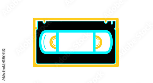 A vibrant, retro-style illustration of a VHS cassette tape with a neon blue label on a white background.