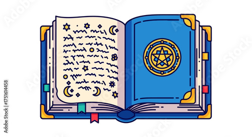 An open book with a blue cover, gold accents, and magical symbols on the pages.