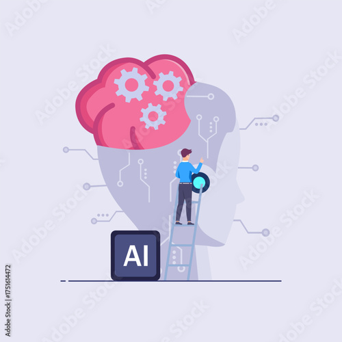 man with artificial intelligence. Young man near silhouette of head with gears. Modern technologies and innovations, machine learning. Virtual bot and assistant. Flat vector illustration