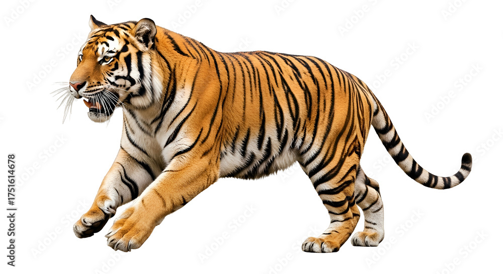 Fototapeta premium Striking tiger prowls, orange & black stripes, alert expression