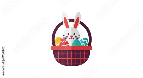 A cute white Easter bunny sitting in a purple wicker basket filled with colorful decorated eggs on a white background.