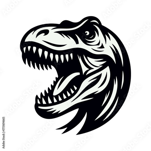 Black and White Tyrannosaurus Rex Head with Open Mouth